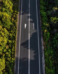 Aerial view of empty asphalt road lined with lush green trees