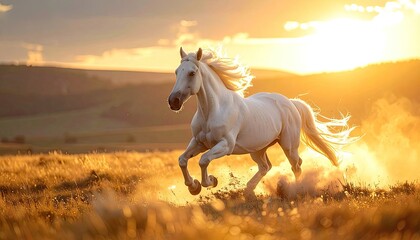 Obraz premium White horse gallops across golden field in sunset, dust flying, mane flowing