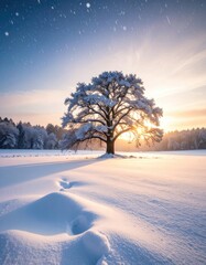 Snowy winter landscape with a frosted tree and sunlit backdrop
