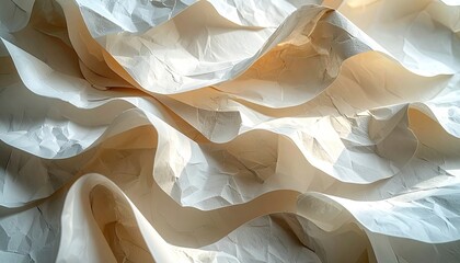 Close-up of crumpled paper, white and beige hues. Textured, abstract, wavy forms