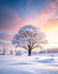 Snow-covered tree in a winter wonderland field under a colorful sunset sky