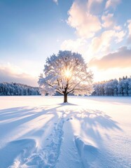 Sun illuminates frosted tree in snowy field. Long shadows & footprints lead