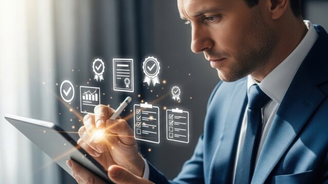 Businessman in suit interacts with digital tablet managing quality assurance process and regulatory compliance technology