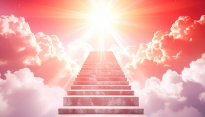 Stairway to heaven rising through pink clouds towards bright divine light, spiritual afterlife concept, faith, hope and salvation background.