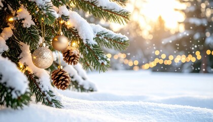 Snowy Christmas tree branches with ornaments and warm fairy lights outdoors, festive winter holiday background with copy space.