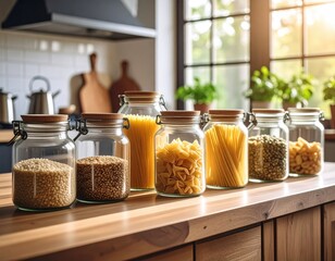 Glass jars with grains and pasta neatly arranged on wooden kitchen counter in warm natural light. Ideal for zero waste, storage, organization, healthy cooking, rustic lifestyle.