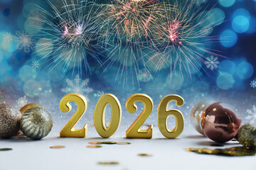 Merry Christmas and Happy New Year 2026. Greeting card with golden numbers, fireworks and bokeh...