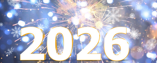 Merry Christmas and Happy New Year card with numbers 2026, fireworks and bokeh lights. Banner design