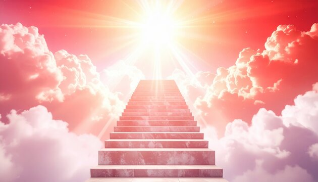 Stairway to heaven rising through pink clouds towards bright divine light, spiritual afterlife concept, faith, hope and salvation background.
