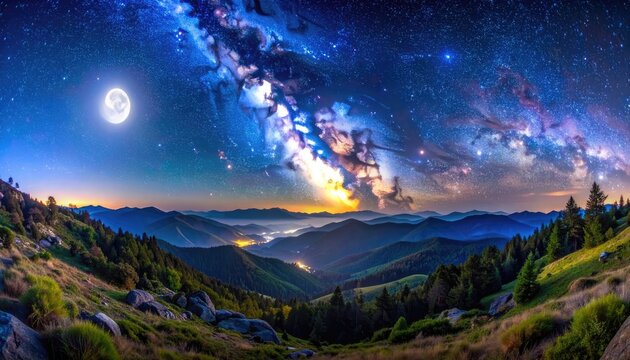 Mountain vista under a brilliant night sky, Milky Way with a prominent full moon - Powered by Adobe