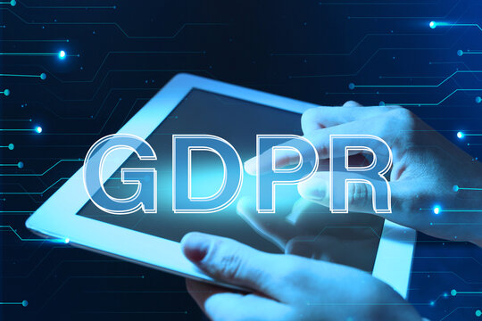 GDPR - General Data Protection Regulation. Woman using tablet computer, closeup. Privacy security