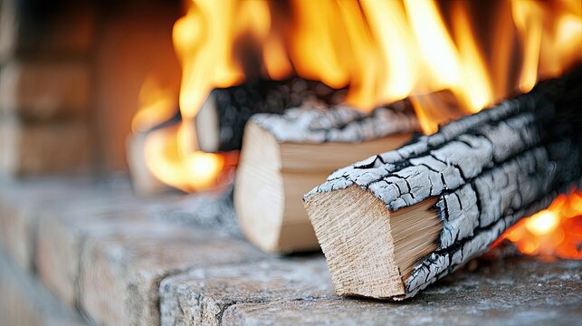 Close-up of burning firewood in a fireplace, with flames and embers, creating a warm and cozy atmosphere. - Powered by Adobe