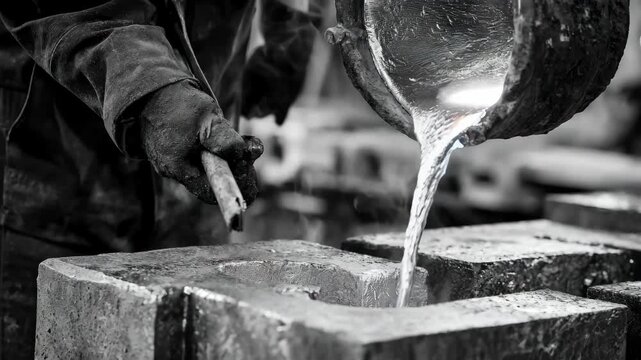 Closeup of a worker skillfully tilting a crucible to pour molten aluminum smoothly into a complex mold showcasing precision in metal casting techniques.
