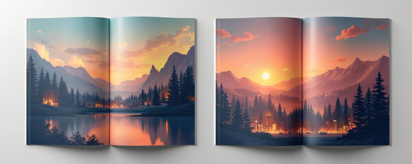 Open magazines feature scenic nature landscapes. Left side shows lake reflecting colorful sunset, surrounded by pine forests, mountain homes. Right spread illustrates road, cars, buildings, bright