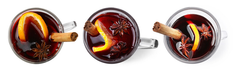 Mulled wine in glass cups isolated on white, top view