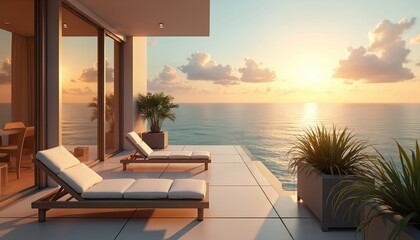 Obraz premium Luxurious terrace with ocean view at sunset. Modern apartment balcony with lounge chairs. Relaxing seaside scene at luxury hotel. Dream holiday location with scenic sea panorama.