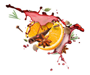 Mulled wine splash, spices and orange slices on white background