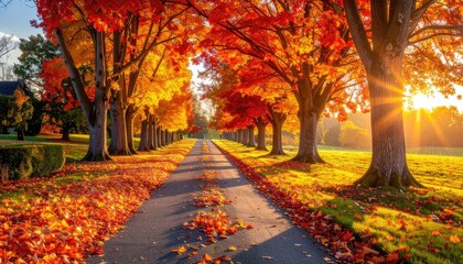 Naklejka premium Autumn lane with vibrant foliage, sunlit path, fallen leaves