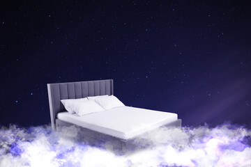 Fototapeta premium Large bed on fluffy clouds in starry night sky