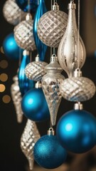 Elegant blue and silver Christmas ornaments hanging for festive holiday celebration and winter season decor