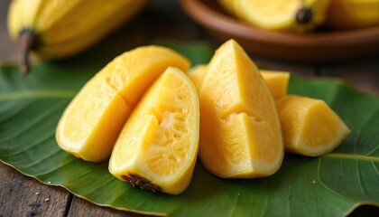 Pieces of jackfruit are placed on banana leaf. Sliced yellow fruit parts are ready for consumption. Ripe jack fruit bulbs arranged on green leaf. Healthy vegetarian diet ingredients close view.