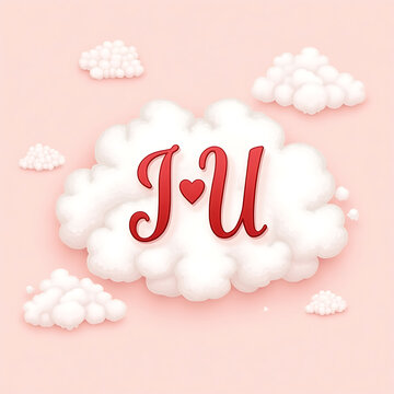 Abstract graphic i love u text with heart shape surrounded by clouds on pink background