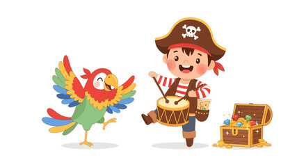 Naklejka premium playful pirate boy with colorful parrot and treasure chest illustration for