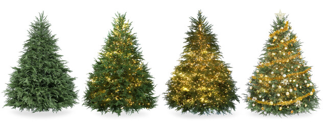 Christmas tree decorated with festive ornaments and string lights isolated on white, collage