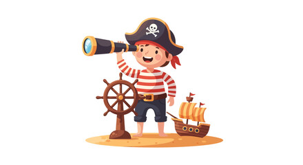Playful child dressed as a pirate exploring with telescope and ship miniature