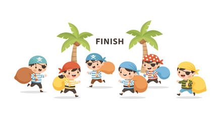Naklejka premium Children Participating in Exciting Sack Race Adventure on Tropical Beach with