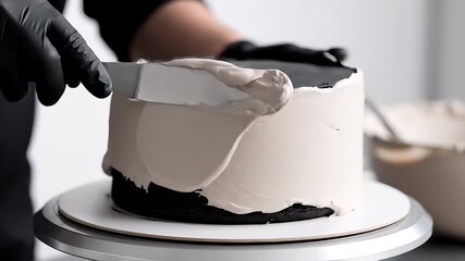 Professional Baker Decorating a Delicious Chocolate Cake with Cream Frosting.