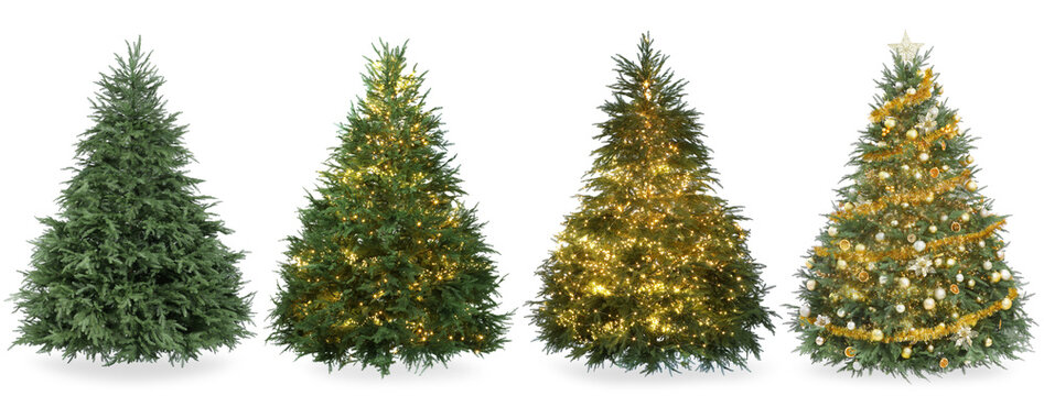 Christmas tree decorated with festive ornaments and string lights isolated on white, collage