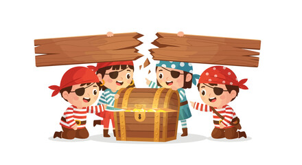 Children dressed as pirates discovering a mysterious treasure chest in a