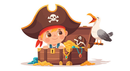 Playful young pirate with treasure chest filled with coins and jewelry
