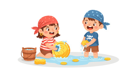 Children Playing with Gold Coins and Sponge in Shallow Water on Beach during