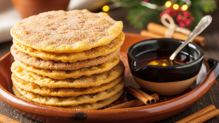 Buñuelos Mexican traditional Christmas crispy flatbreads made of flour dough with sugar and cinnamon. 