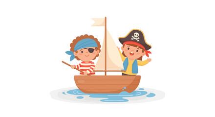 Adventurous children dressed as pirates sailing toy boat on water with playful