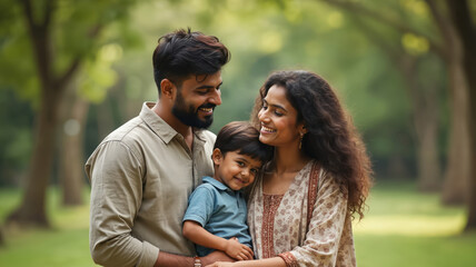 Indian family smiles at camera in park. Dad, mom, young boy hug outdoors. They enjoy time together in green nature, showing happy bond. Parents and child have fun on sunny day.