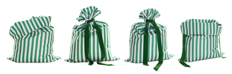 Santa bag. Green striped sack isolated on white, collection