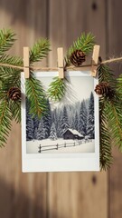 Rustic cabin in snowy winter forest landscape displayed on vintage photo with evergreen fir branches