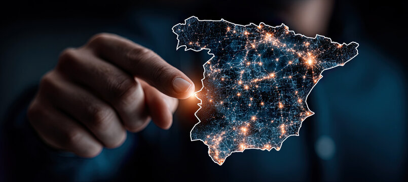 Hand touching spain map digital network technology. Generated with ia