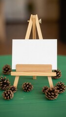 Small wooden easel displays blank white card surrounded by pine cones on green for autumn season
