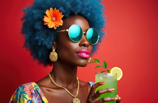 Stylish Black woman with blue afro, orange flower, gold earrings, bright lipstick holds green cocktail garnished with lemon, leaves. Wears round turquoise sunglasses, colorful tropical print top,