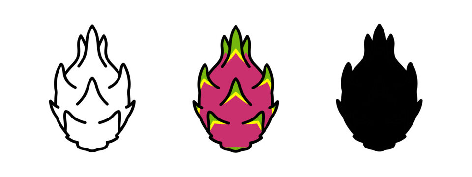Three stylizations of dragon fruit: outline drawing, filled colors, complete black shape