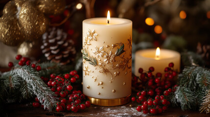 A candle delicately decorated with gold motifs. Christmas lights