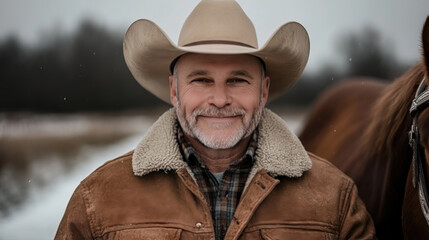 A tall, distinguished, middle-aged white man standing next to a brown horse in a winter landscape