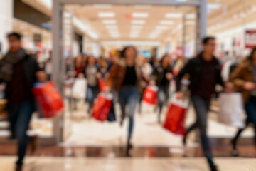 blur image of Hordes of shoppers crowded the flagship store anxiously to shop on the day after Thanksgiving, Black Friday.