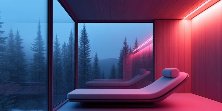 Serene Modern Retreat with Cozy Lounge in a Tranquil Forest Setting for Relaxation and Wellness