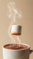 Sweet marshmallow floating gracefully above a steaming mug of rich hot chocolate a cozy comforting beverage