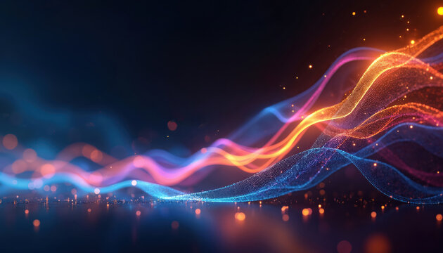 Abstract tech illustration shows dynamic data flow. Colorful glowing lines curve on a dark background. Visual represents digital network and modern tech concepts.
